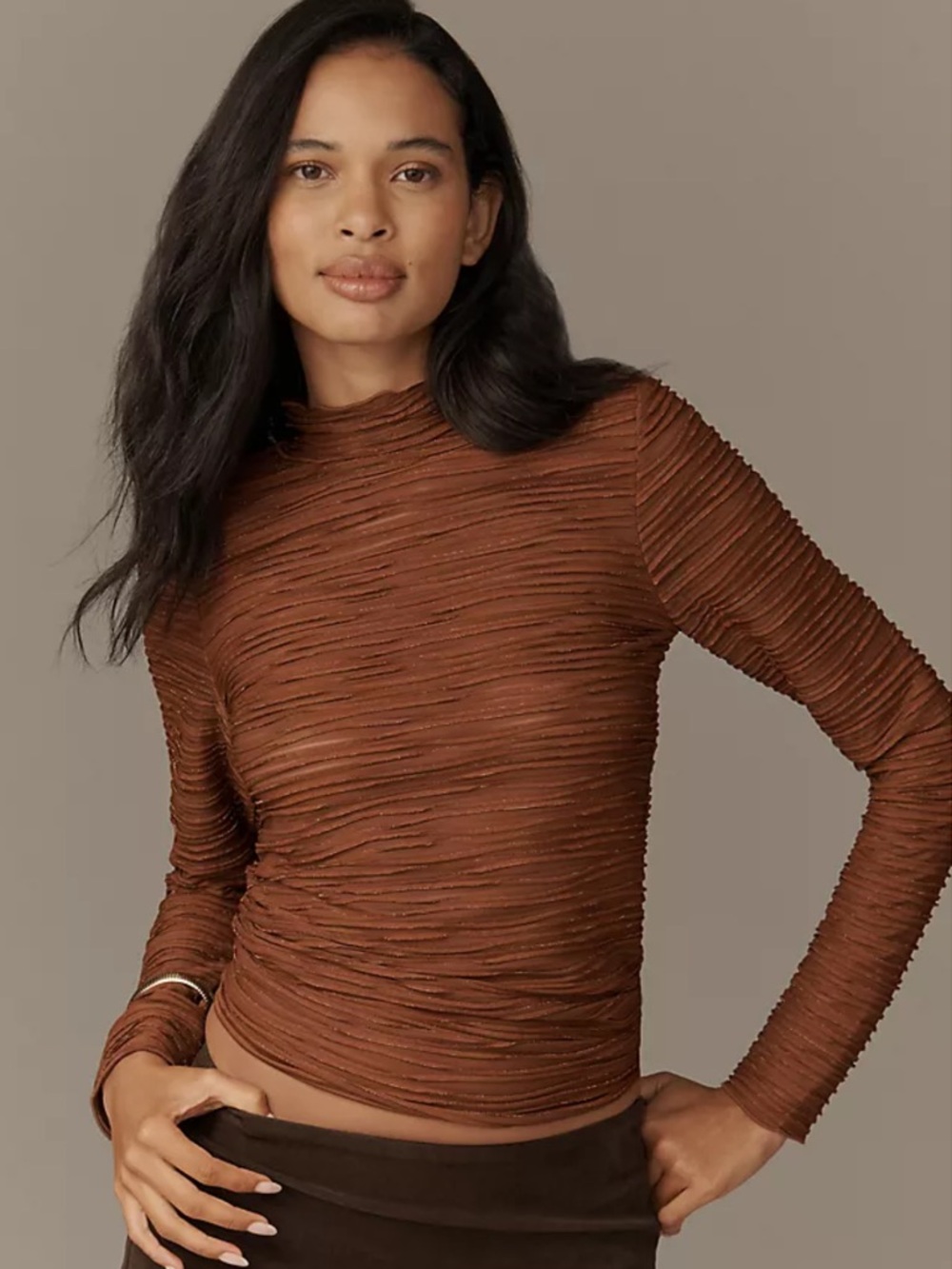 Anthropologie Pilcro Textured Metallic Turtleneck Long Sleeve Top Brown S